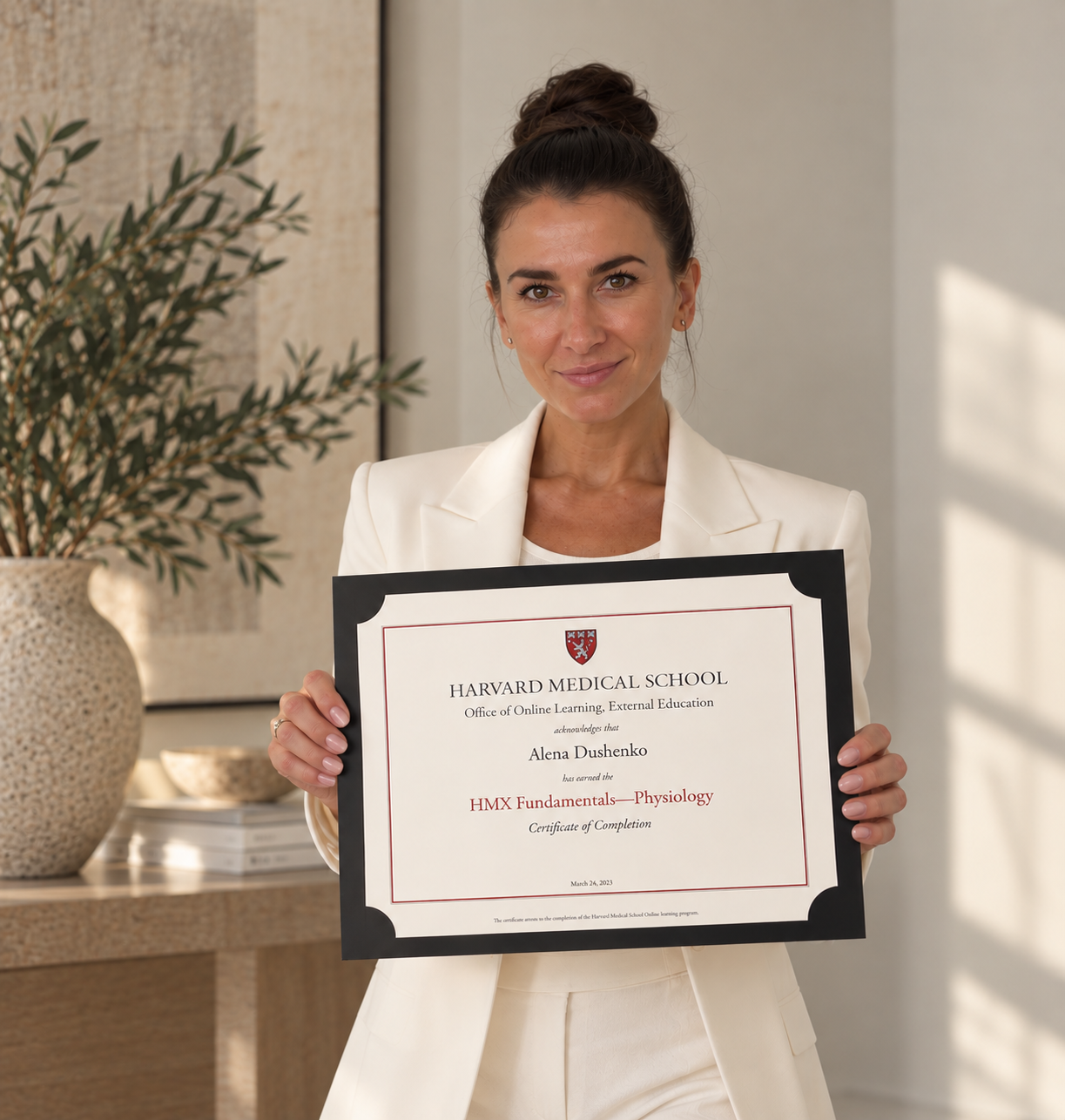 Alena Dushenko holding her Harvard Medical School certificate